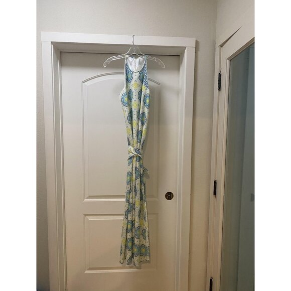 Hutch Dress Womens Medium White Blue Green Maxi Halter Geometric Print Party - Picture 1 of 4